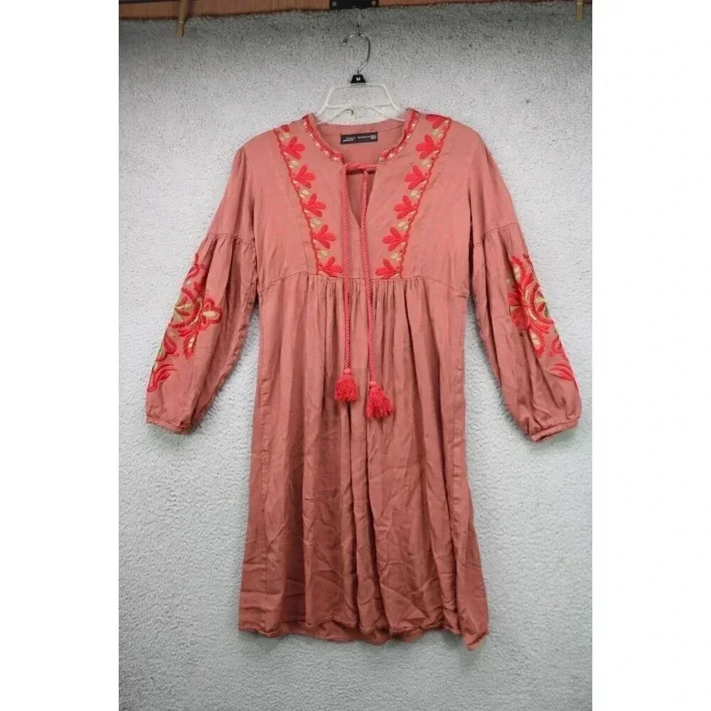 Zara Basics Women's Embroidered Dress-Medium-Long Balloon Sleeves-Boho-w/flaws